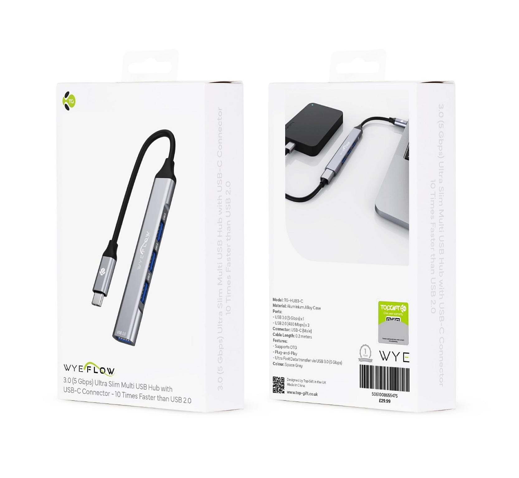 WYEFLOW 3.0 (5 Gbps) Ultra Slim Multi USB Hub with USB-C Connector  10 Times Faster than USB 2.0