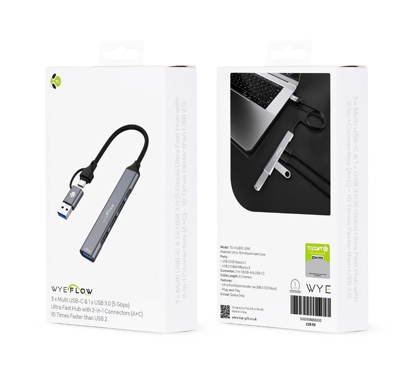 WYEFLOW 3 x Multi USB-C & 1 x USB 3.0 (5 Gbps) Ultra Fast Hub with 2-In-1 Connectors (A+C)  10 Times Faster than USB 2.0