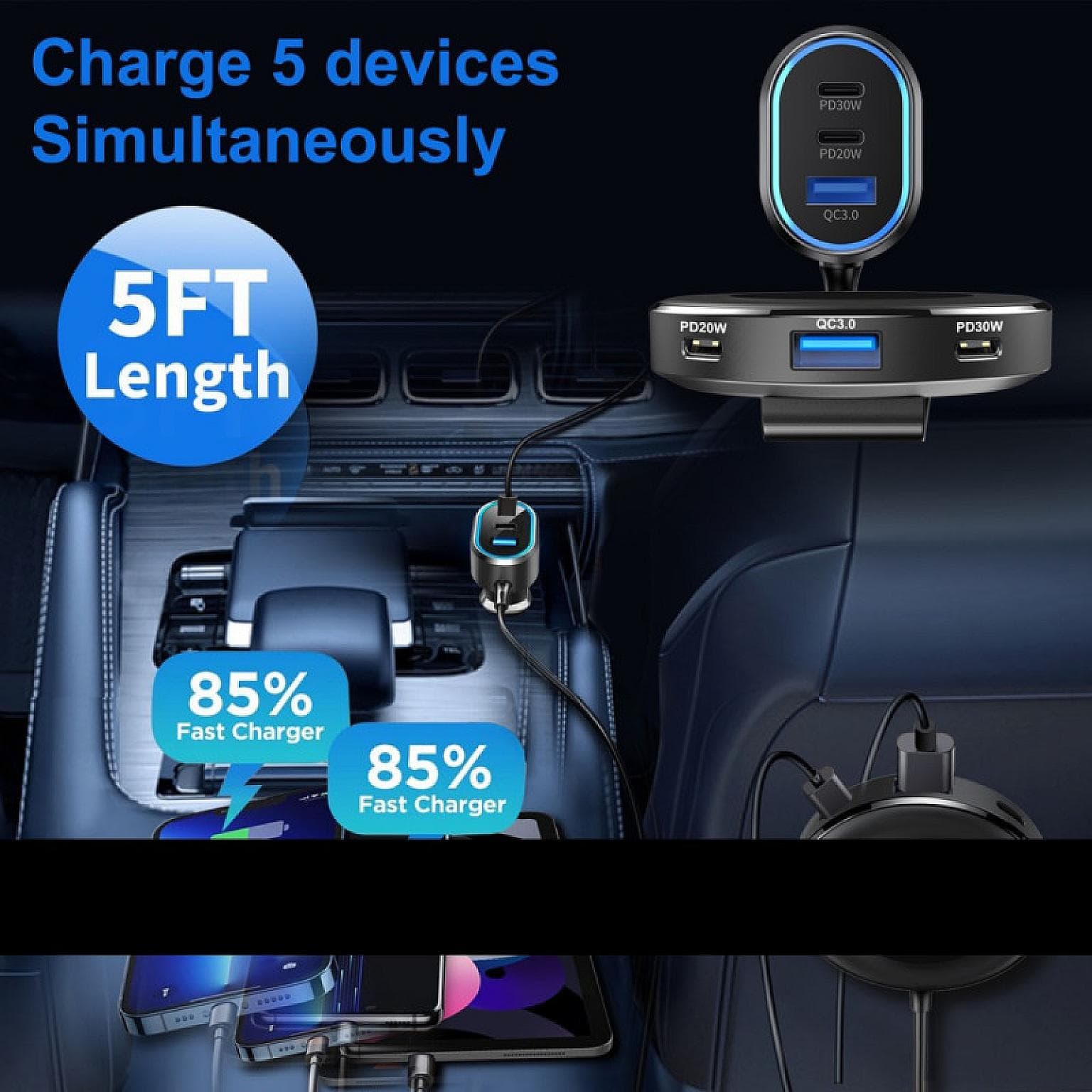 100W In-Car Charger with Multi-PortExtended Charging Hub