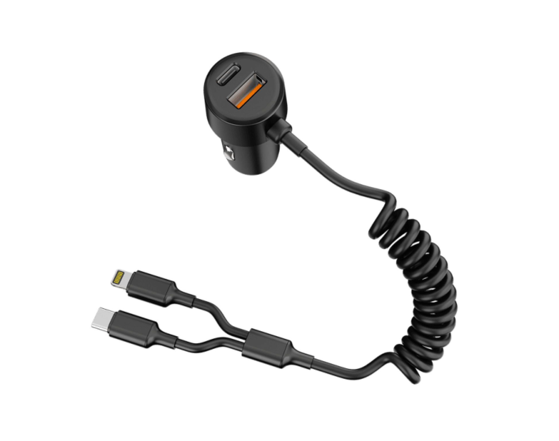 60W Dual-Port In-Car Charger With USEB-C & 8-Pin Built-in Cables