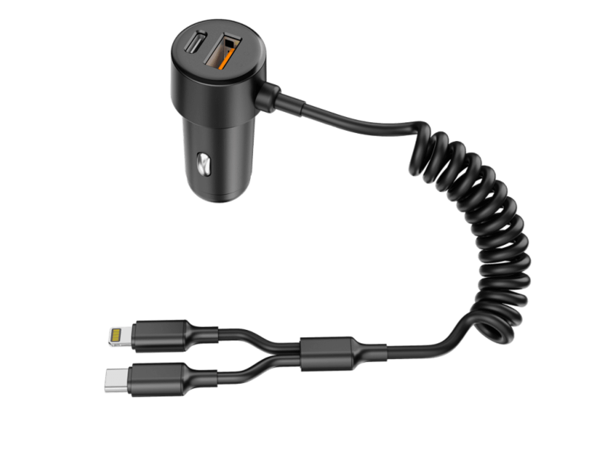 60W Dual-Port In-Car Charger With USEB-C & 8-Pin Built-in Cables
