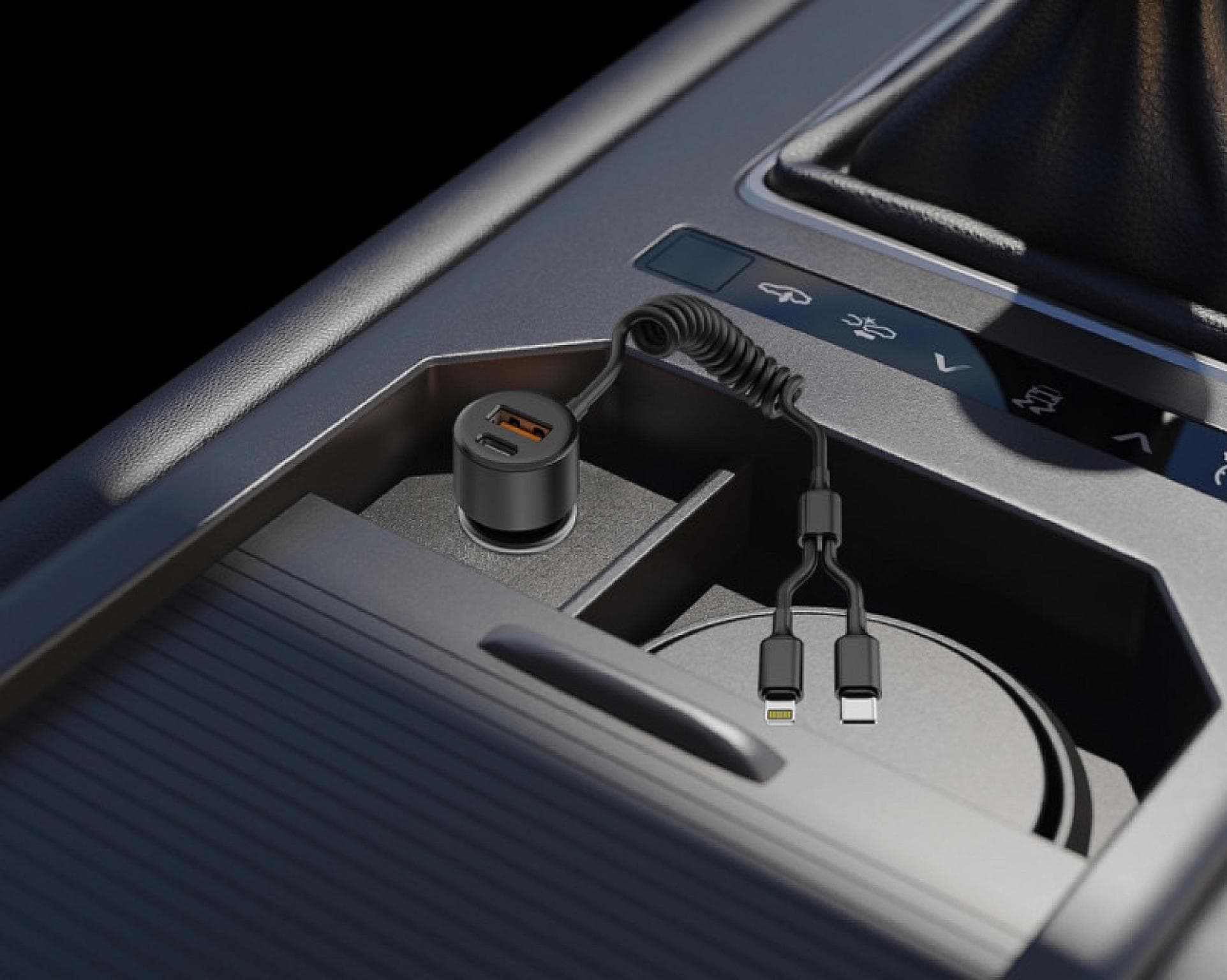 60W Dual-Port In-Car Charger With USEB-C & 8-Pin Built-in Cables