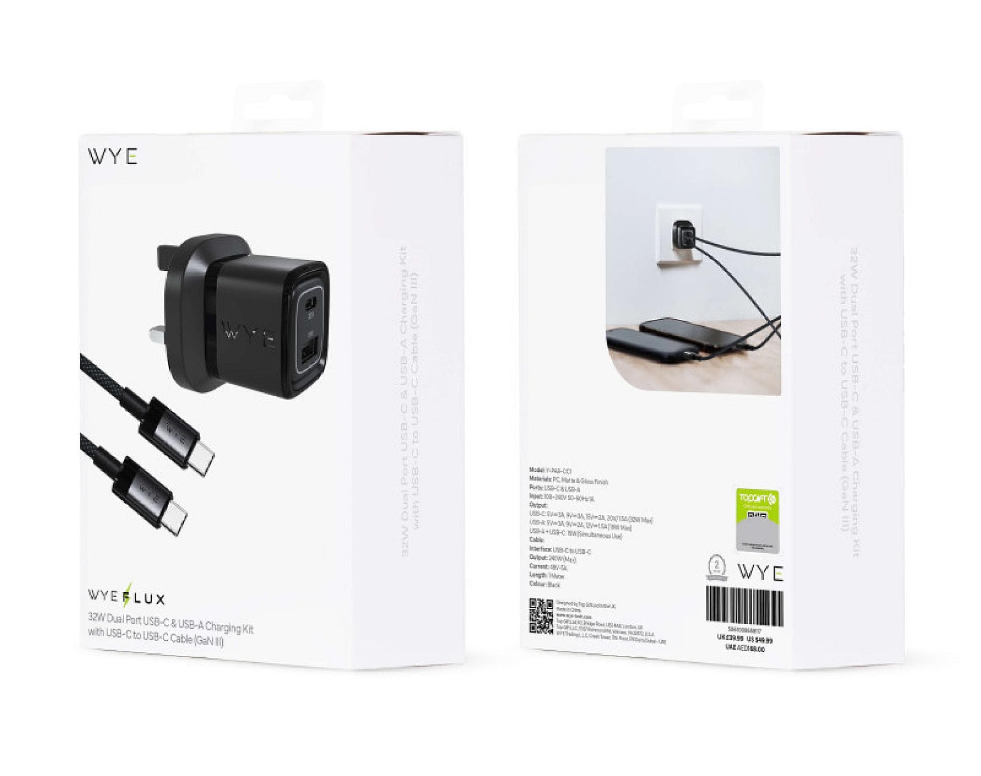 32W Dual Port USB-C & USB-A Charging Kit with USB-C to USB-C Cable  (Gan III)