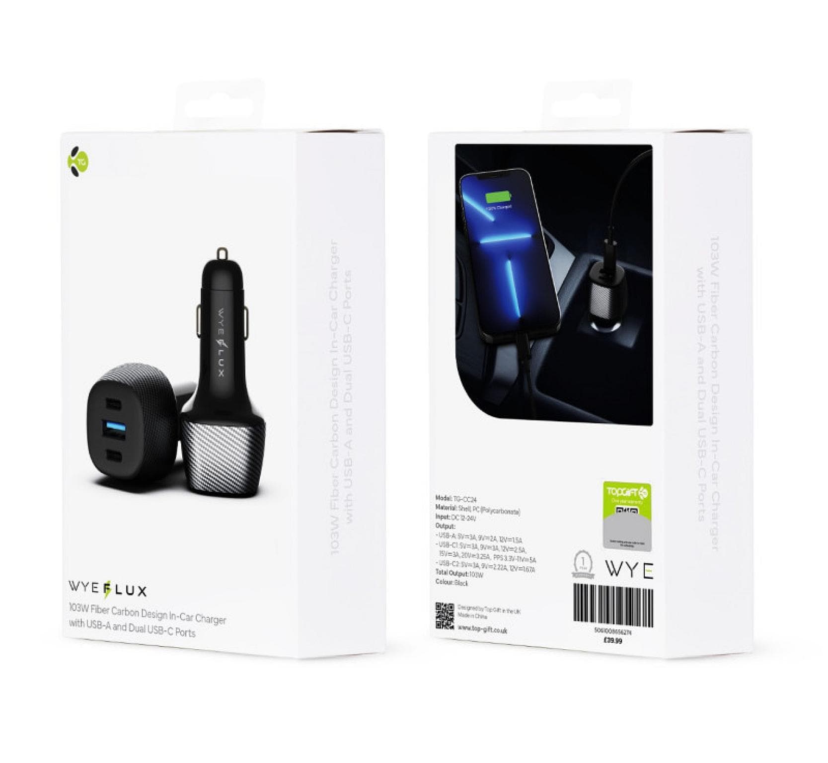 103W Fiber Carbon Design In-Car Charger with USB-A and Dual USB-C Ports