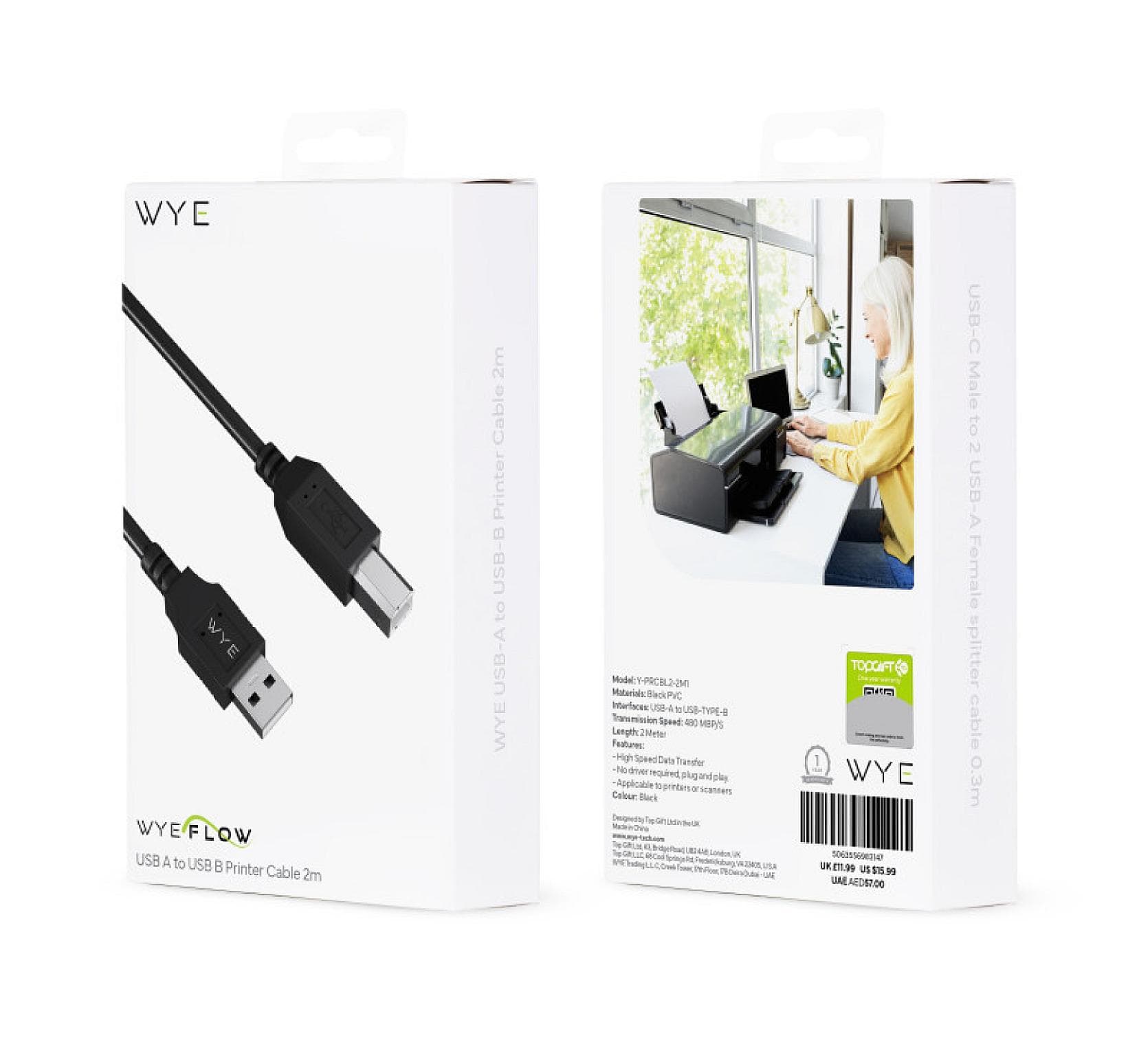 WYE USB-A to USB-B Printer Cable 2m